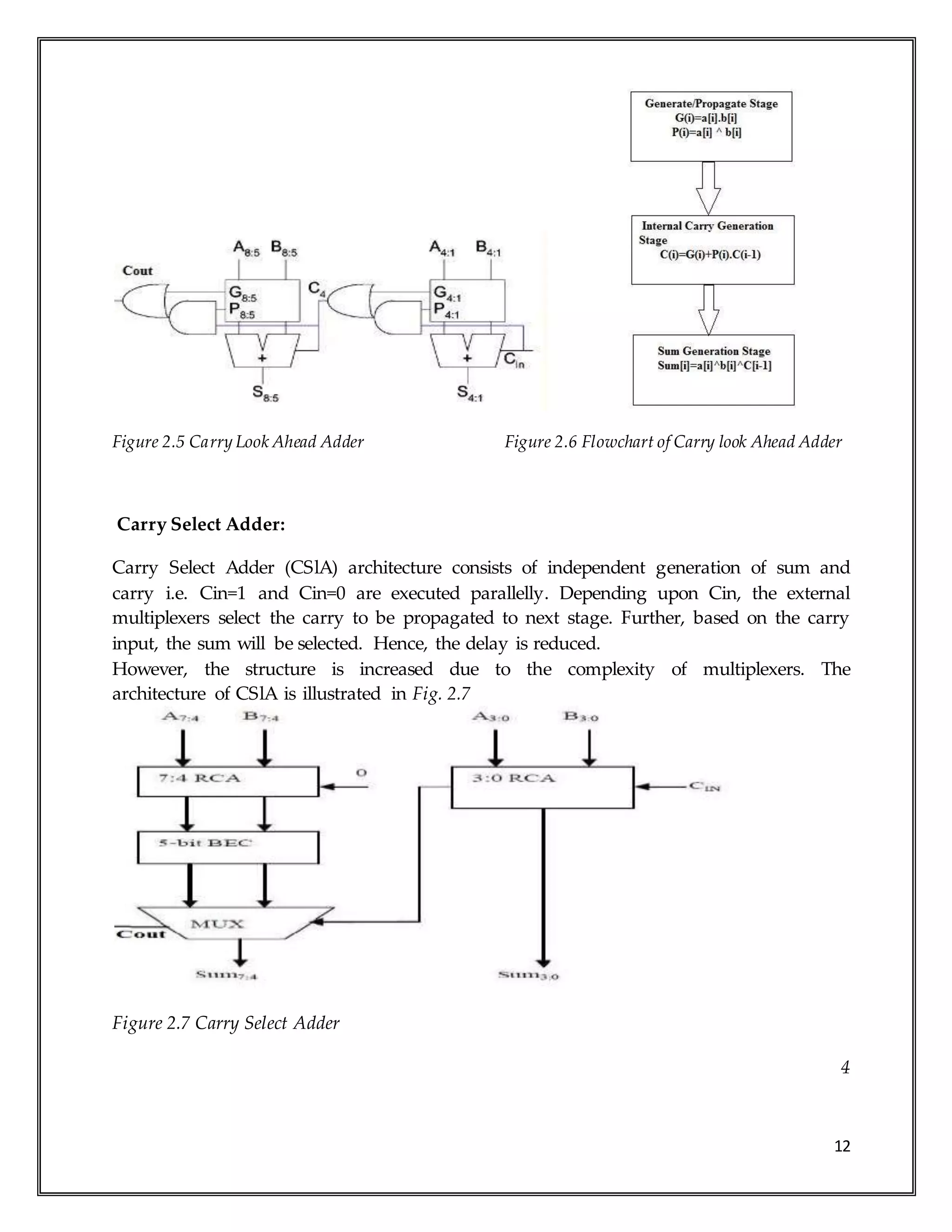 12
Figure 2.5 Carry Look Ahead Adder Figure 2.6 Flowchart of Carry look Ahead Adder
Carry Select Adder:
Carry Select Adder (CSlA) architecture consists of independent generation of sum and
carry i.e. Cin=1 and Cin=0 are executed parallelly. Depending upon Cin, the external
multiplexers select the carry to be propagated to next stage. Further, based on the carry
input, the sum will be selected. Hence, the delay is reduced.
However, the structure is increased due to the complexity of multiplexers. The
architecture of CSlA is illustrated in Fig. 2.7
Figure 2.7 Carry Select Adder
4
 