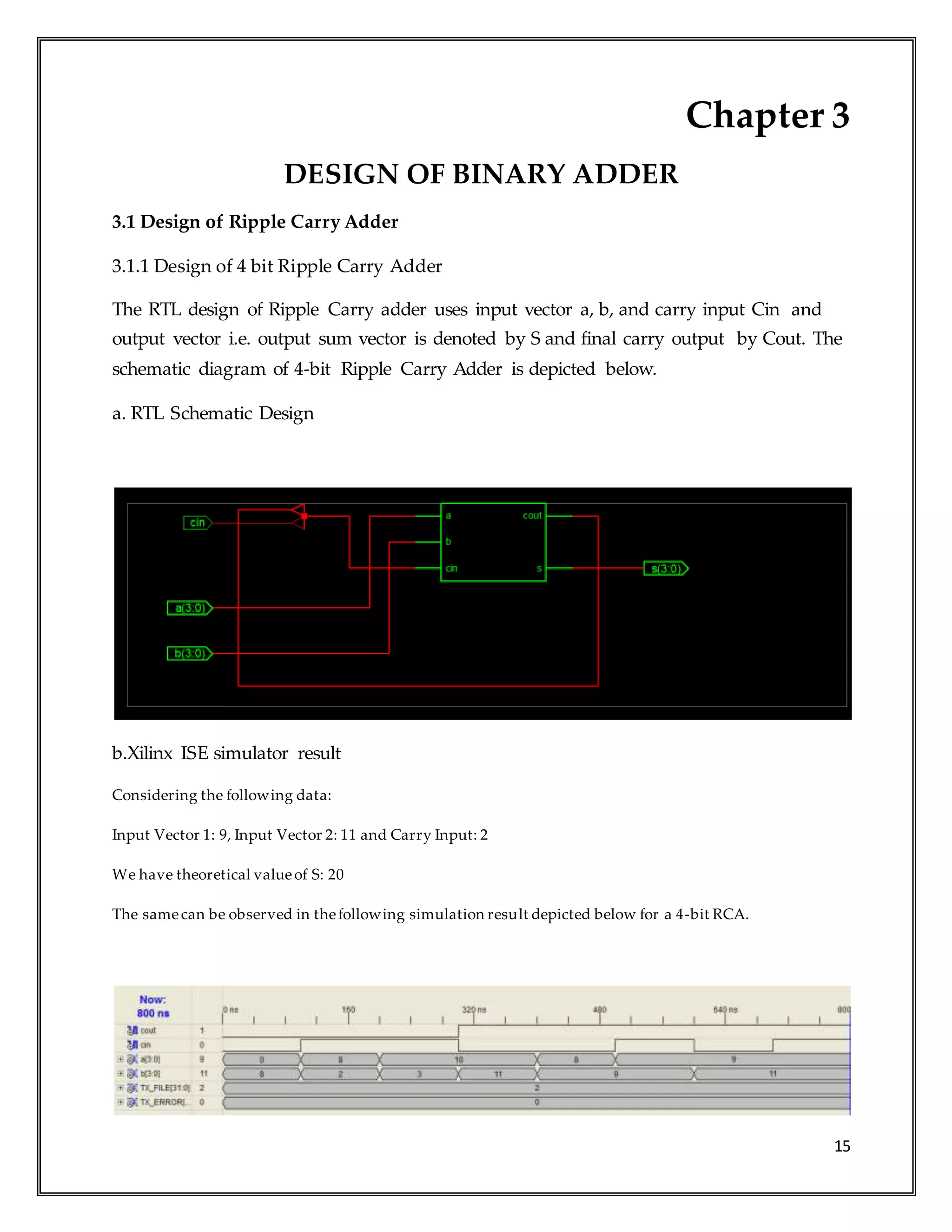 15
Chapter 3
DESIGN OF BINARY ADDER
3.1 Design of Ripple Carry Adder
3.1.1 Design of 4 bit Ripple Carry Adder
The RTL design of Ripple Carry adder uses input vector a, b, and carry input Cin and
output vector i.e. output sum vector is denoted by S and final carry output by Cout. The
schematic diagram of 4-bit Ripple Carry Adder is depicted below.
a. RTL Schematic Design
b.Xilinx ISE simulator result
Considering the following data:
Input Vector 1: 9, Input Vector 2: 11 and Carry Input: 2
We have theoretical valueof S: 20
The samecan be observed in thefollowing simulation result depicted below for a 4-bit RCA.
 