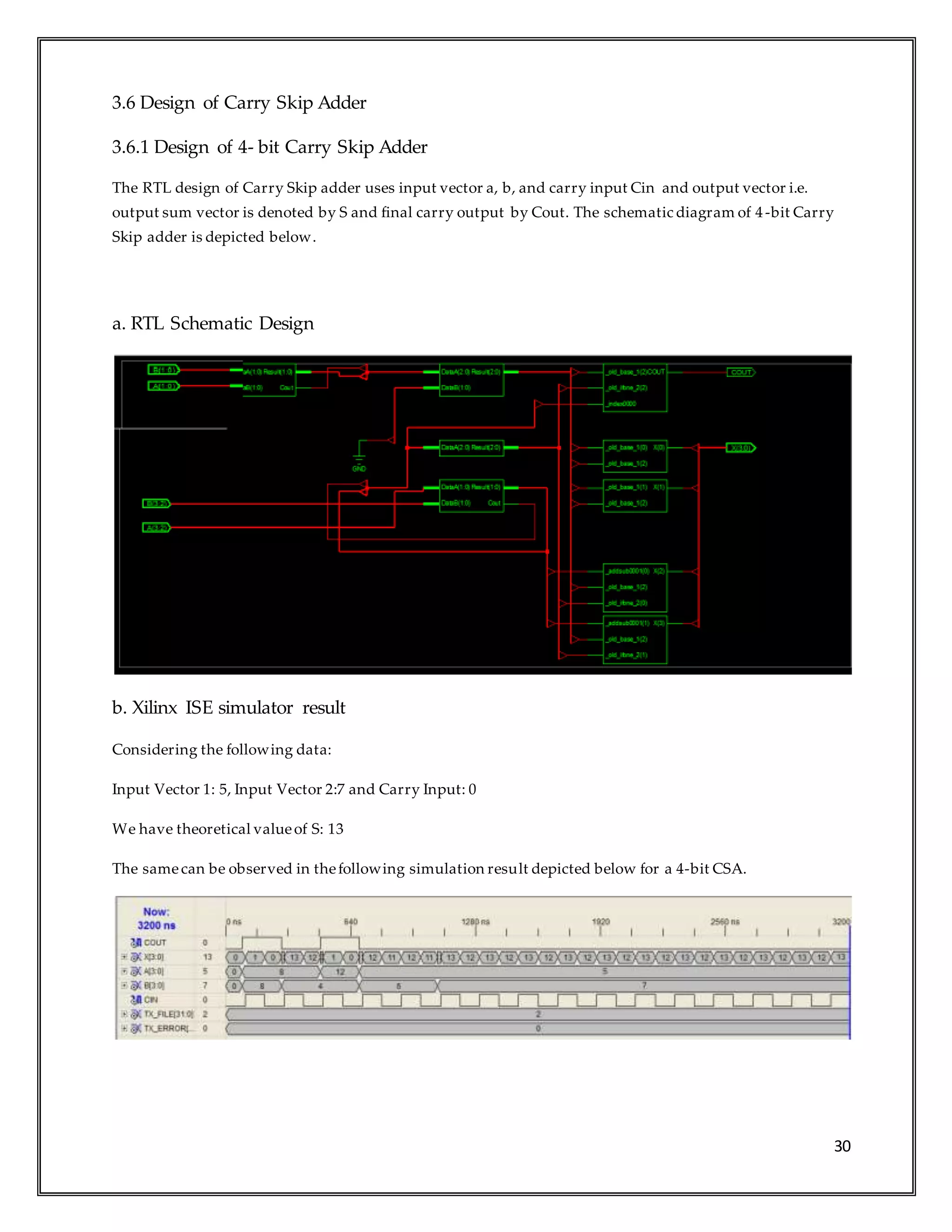 30
3.6 Design of Carry Skip Adder
3.6.1 Design of 4- bit Carry Skip Adder
The RTL design of Carry Skip adder uses input vector a, b, and carry input Cin and output vector i.e.
output sum vector is denoted by S and final carry output by Cout. The schematic diagram of 4-bit Carry
Skip adder is depicted below.
a. RTL Schematic Design
b. Xilinx ISE simulator result
Considering the following data:
Input Vector 1: 5, Input Vector 2:7 and Carry Input: 0
We have theoretical valueof S: 13
The samecan be observed in thefollowing simulation result depicted below for a 4-bit CSA.
 