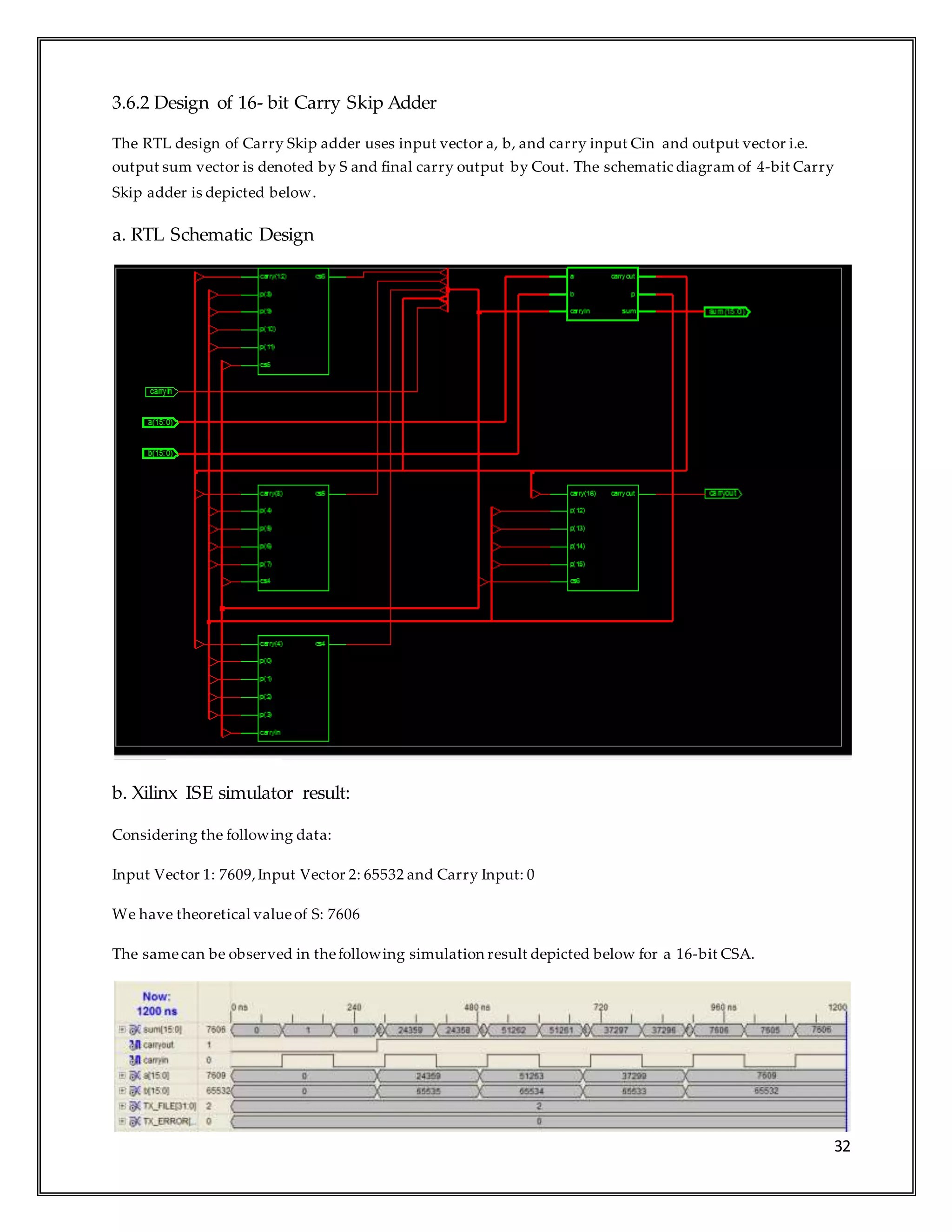 32
3.6.2 Design of 16- bit Carry Skip Adder
The RTL design of Carry Skip adder uses input vector a, b, and carry input Cin and output vector i.e.
output sum vector is denoted by S and final carry output by Cout. The schematic diagram of 4-bit Carry
Skip adder is depicted below.
a. RTL Schematic Design
b. Xilinx ISE simulator result:
Considering the following data:
Input Vector 1: 7609,Input Vector 2: 65532 and Carry Input: 0
We have theoretical valueof S: 7606
The samecan be observed in thefollowing simulation result depicted below for a 16-bit CSA.
 
