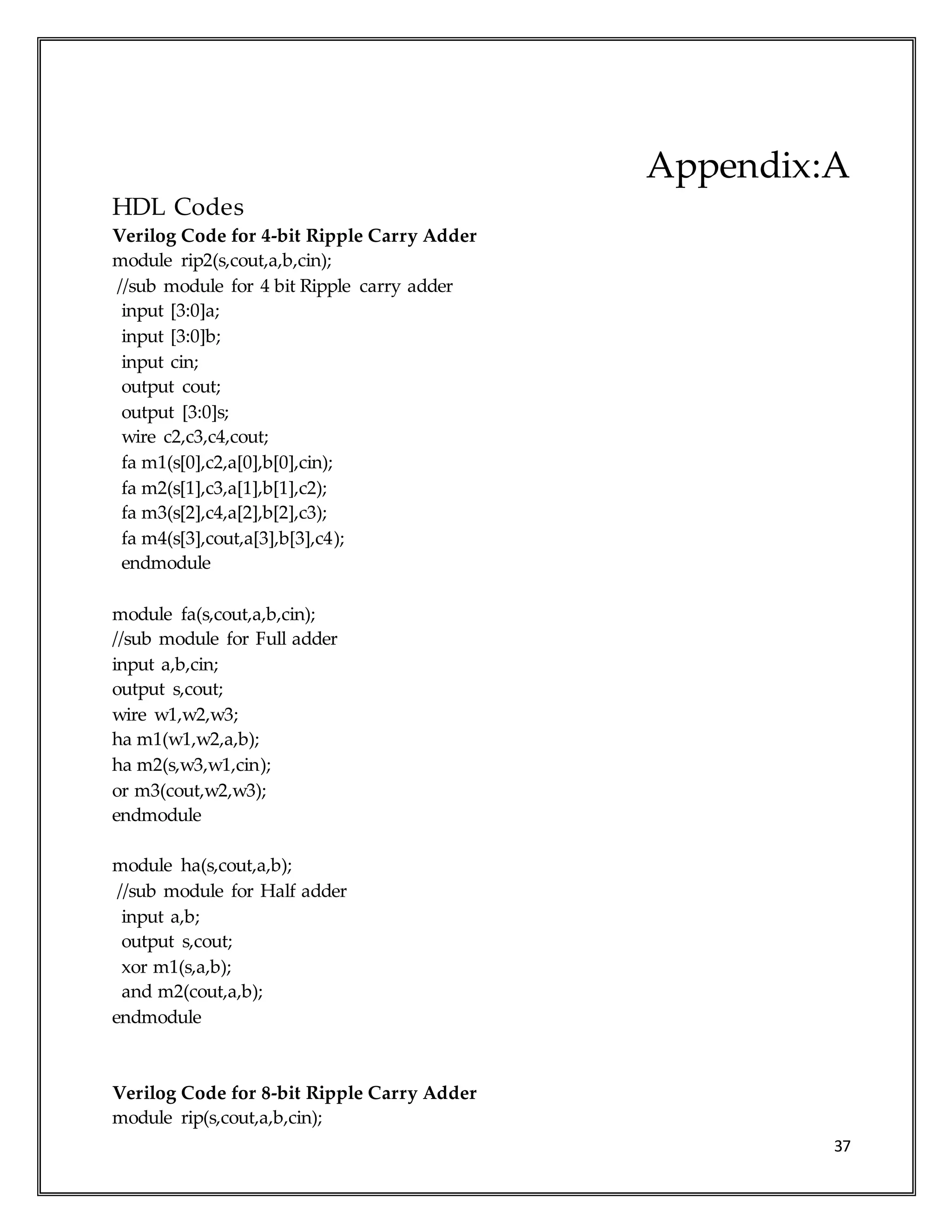 37
Appendix:A
HDL Codes
Verilog Code for 4-bit Ripple Carry Adder
module rip2(s,cout,a,b,cin);
//sub module for 4 bit Ripple carry adder
input [3:0]a;
input [3:0]b;
input cin;
output cout;
output [3:0]s;
wire c2,c3,c4,cout;
fa m1(s[0],c2,a[0],b[0],cin);
fa m2(s[1],c3,a[1],b[1],c2);
fa m3(s[2],c4,a[2],b[2],c3);
fa m4(s[3],cout,a[3],b[3],c4);
endmodule
module fa(s,cout,a,b,cin);
//sub module for Full adder
input a,b,cin;
output s,cout;
wire w1,w2,w3;
ha m1(w1,w2,a,b);
ha m2(s,w3,w1,cin);
or m3(cout,w2,w3);
endmodule
module ha(s,cout,a,b);
//sub module for Half adder
input a,b;
output s,cout;
xor m1(s,a,b);
and m2(cout,a,b);
endmodule
Verilog Code for 8-bit Ripple Carry Adder
module rip(s,cout,a,b,cin);
 