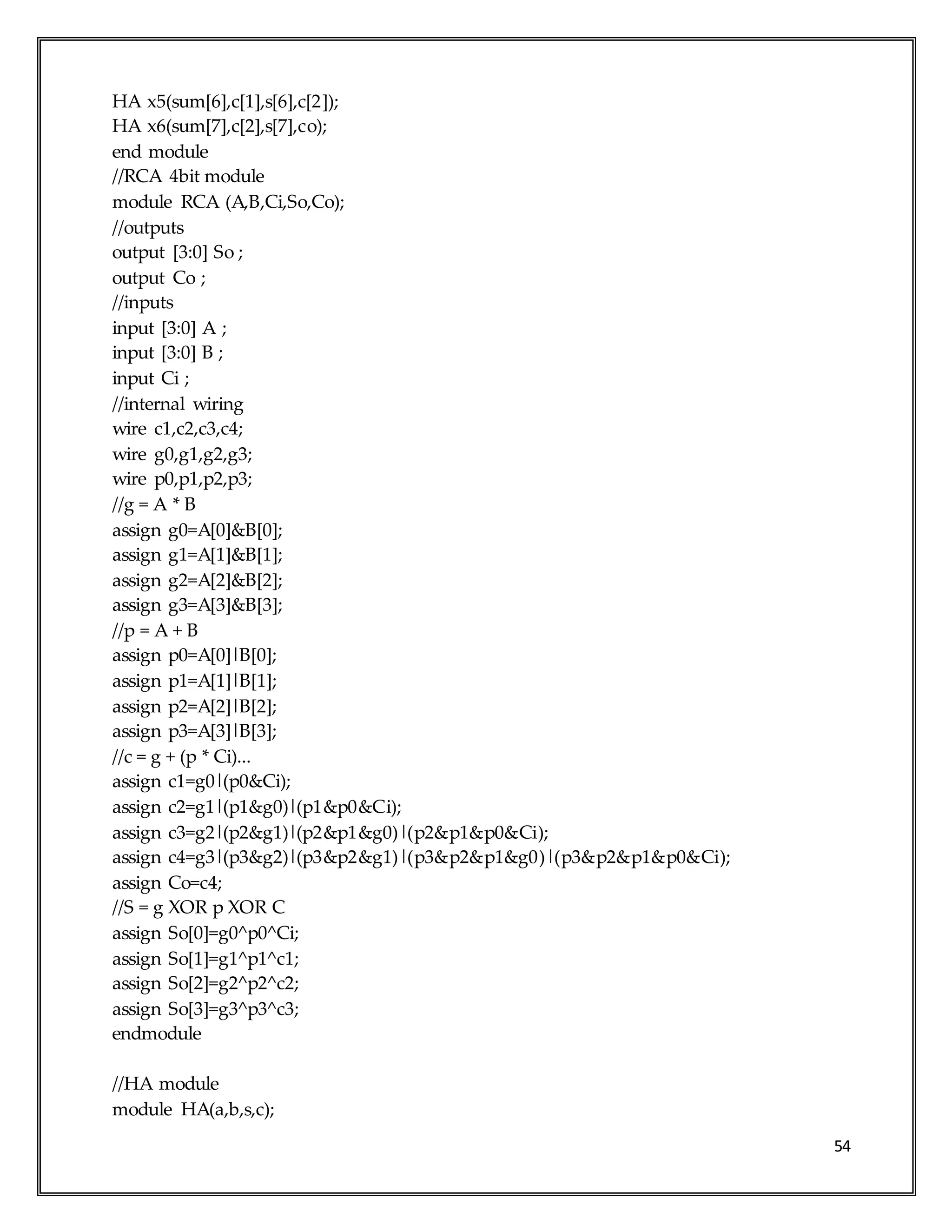 54
HA x5(sum[6],c[1],s[6],c[2]);
HA x6(sum[7],c[2],s[7],co);
end module
//RCA 4bit module
module RCA (A,B,Ci,So,Co);
//outputs
output [3:0] So ;
output Co ;
//inputs
input [3:0] A ;
input [3:0] B ;
input Ci ;
//internal wiring
wire c1,c2,c3,c4;
wire g0,g1,g2,g3;
wire p0,p1,p2,p3;
//g = A * B
assign g0=A[0]&B[0];
assign g1=A[1]&B[1];
assign g2=A[2]&B[2];
assign g3=A[3]&B[3];
//p = A + B
assign p0=A[0]|B[0];
assign p1=A[1]|B[1];
assign p2=A[2]|B[2];
assign p3=A[3]|B[3];
//c = g + (p * Ci)...
assign c1=g0|(p0&Ci);
assign c2=g1|(p1&g0)|(p1&p0&Ci);
assign c3=g2|(p2&g1)|(p2&p1&g0)|(p2&p1&p0&Ci);
assign c4=g3|(p3&g2)|(p3&p2&g1)|(p3&p2&p1&g0)|(p3&p2&p1&p0&Ci);
assign Co=c4;
//S = g XOR p XOR C
assign So[0]=g0^p0^Ci;
assign So[1]=g1^p1^c1;
assign So[2]=g2^p2^c2;
assign So[3]=g3^p3^c3;
endmodule
//HA module
module HA(a,b,s,c);
 