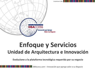 Established	
  1988	
  




           Enfoque	
  y	
  Servicios
                                   	
  
Unidad	
  de	
  Arquitectura	
  e	
  Innovación	
  
                                              	
  
   Evolucione	
  a	
  la	
  plataforma	
  tecnológica	
  requerida	
  por	
  su	
  negocio	
  
                                              	
  
                            DBAccess.com	
  –	
  Innovación	
  que	
  agrega	
  valor	
  a	
  su	
  Negocio	
  
 