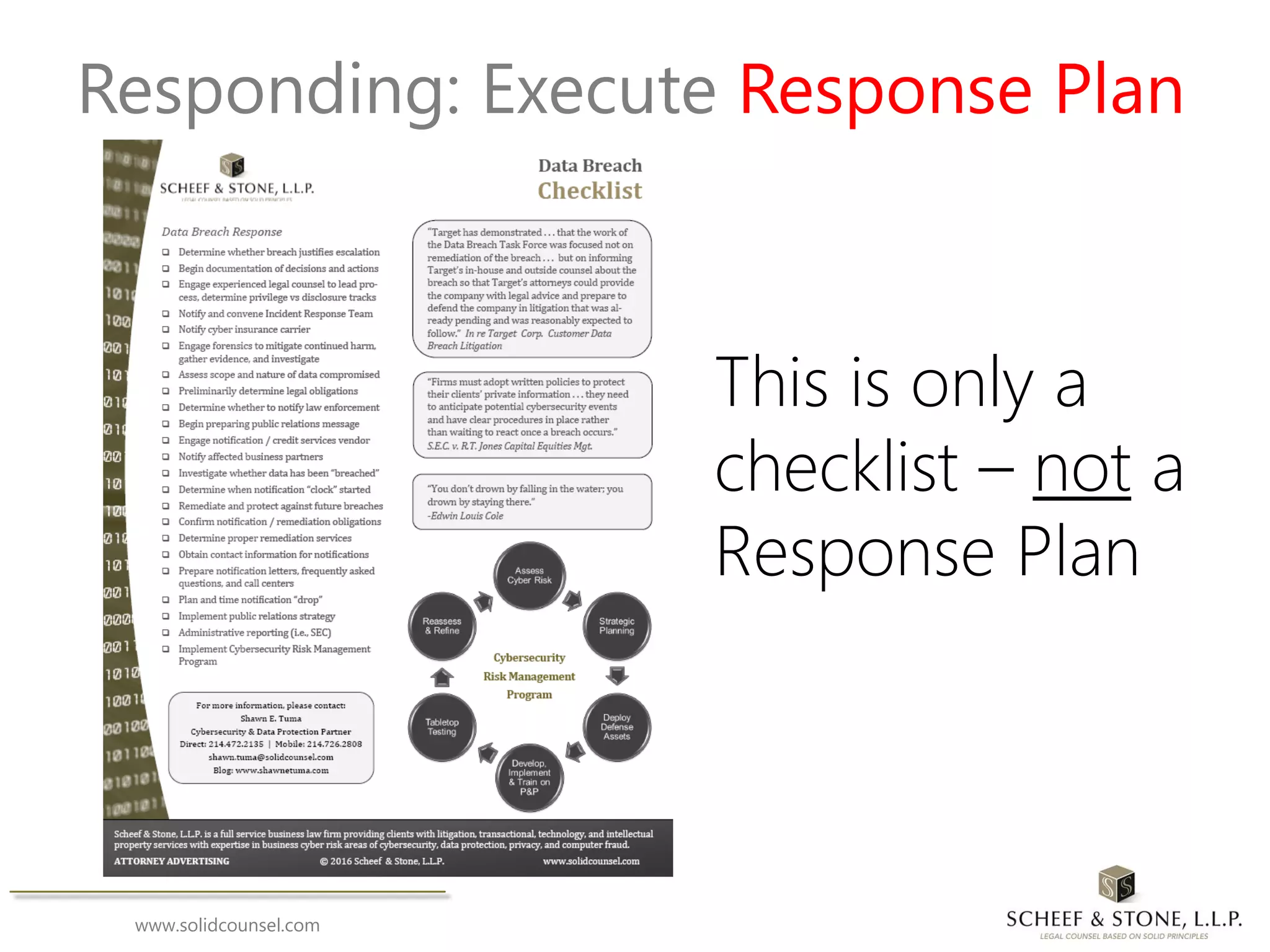 www.solidcounsel.com
Responding: Execute Response Plan
This is only a
checklist – not a
Response Plan
 