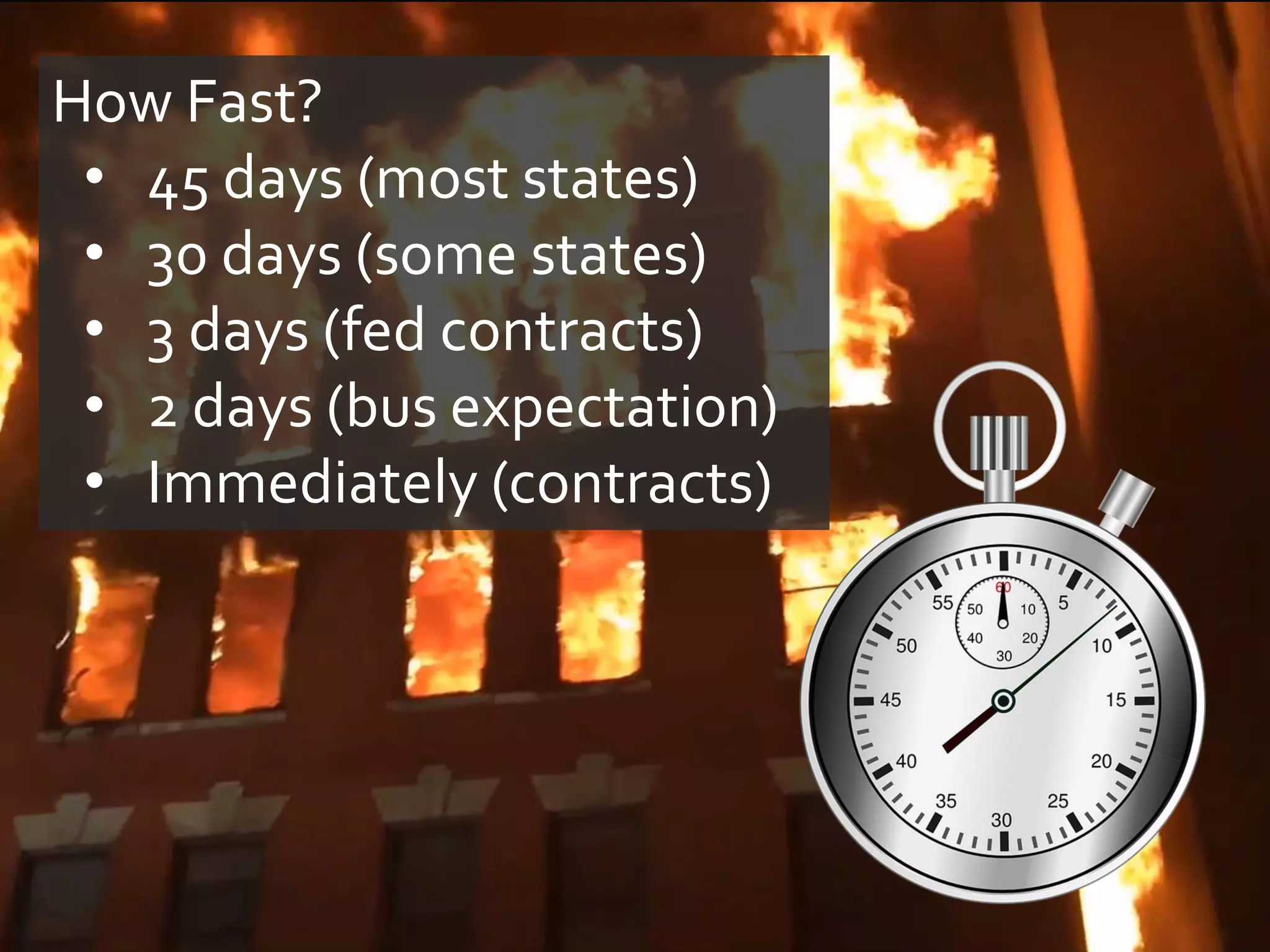 How Fast?
• 45 days (most states)
• 30 days (some states)
• 3 days (fed contracts)
• 2 days (bus expectation)
• Immediately (contracts)
 