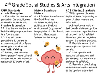 4th Grade Social Studies & Arts Integration
VAPA Standards
Artistic Perception
1.4 Describe the concept of
proportion (in face, figure)
as used in works of art.
Creative Expression
2.2 Use the conventions of
facial and figure proportions
in a figure study.
2.5 Use accurate
proportions to create an
expressive portrait or figure
drawing in a work of art.
Aesthetic Valuing
4.2 Identify and describe
how a person’s own cultural
context influences individual
responses to works of art.
CCSS Writing Standards
1. Write opinion pieces on
topics or texts, supporting a
point of view reasons and
information.
A. Introduce a topic or
text clearly, state an opinion,
and create an organizational
structure in which related
ideas are grouped together
support the writers purpose.
B. Provide reason that
are supported by facts and
details.
C. Link opinion and
reasons using words and
phrase (e.g. for instance, in
order to, in addition).
D. Provide a concluding
statement or section related
to the opinion presented.
History Standards
History
4.3.3 Analyze the effects of
the Gold Rush on
settlements, daily life,
politics, and the local
environment (e.g. use of
biographies of John Sutter,
Mariano Guadalupe
Vallejo, Louise Clapp).
 