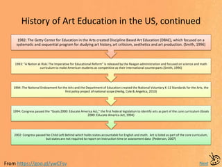 History of Art Education in the US, continued
Next
2002: Congress passed No Child Left Behind which holds states accountable for English and math. Art is listed as part of the core curriculum,
but states are not required to report on instruction time or assessment data (Pederson, 2007)
1994: Congress passed the “Goals 2000: Educate America Act,” the first federal legislation to identify arts as part of the core curriculum (Goals
2000: Educate America Act, 1994)
1994: The National Endowment for the Arts and the Department of Education created the National Voluntary K-12 Standards for the Arts, the
first policy project of national scope (Heilig, Cole & Angelica, 2010)
1983: “A Nation at Risk: The Imperative for Educational Reform” is released by the Reagan administration and focused on science and math
curriculum to make American students as competitive as their international counterparts (Smith, 1996)
1982: The Getty Center for Education in the Arts created Discipline Based Art Education (DBAE), which focused on a
systematic and sequential program for studying art history, art criticism, aesthetics and art production. (Smith, 1996)
From https://goo.gl/ywCFsv
 