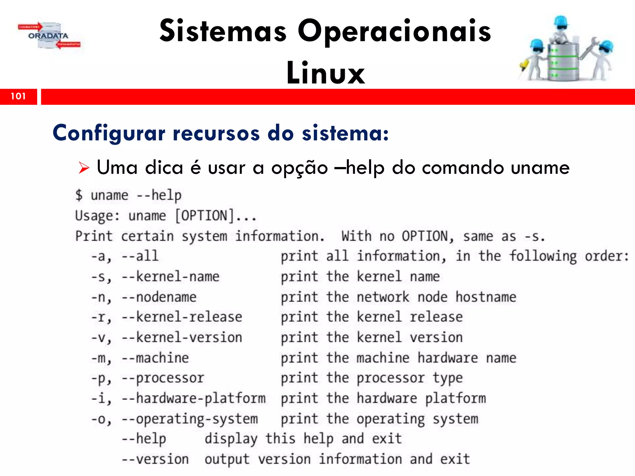 Sistemas Operacionais
Linux101
Configurar recursos do sistema:
 Uma dica é usar a opção –help do comando uname
 