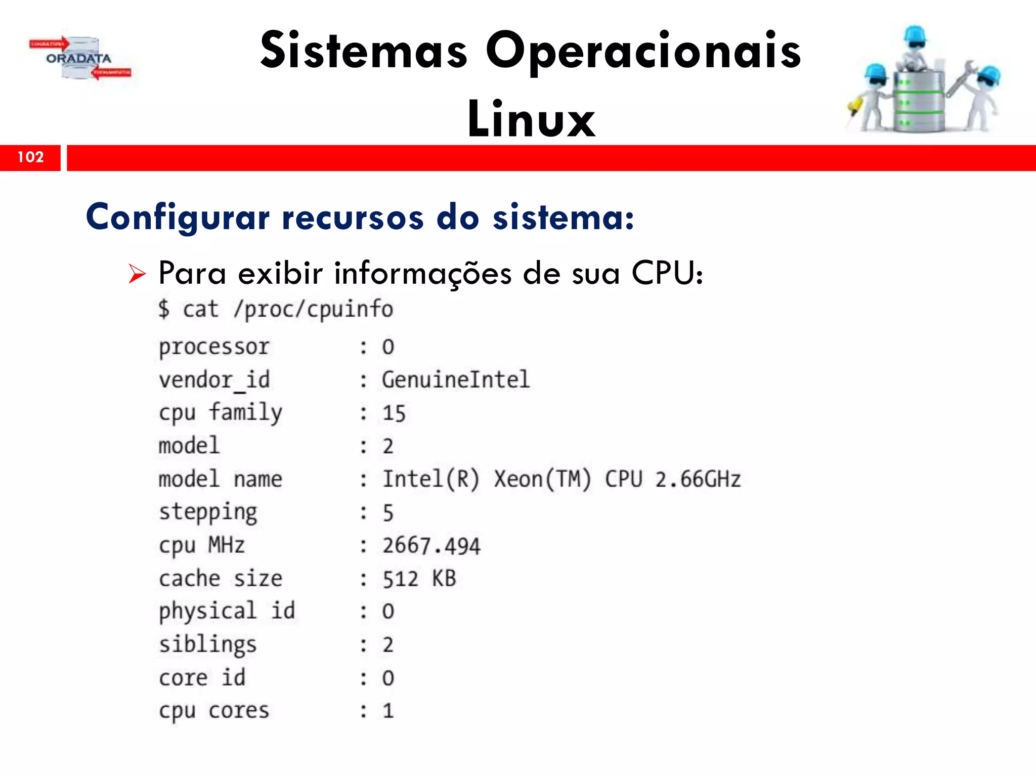 Sistemas Operacionais
Linux102
Configurar recursos do sistema:
 Para exibir informações de sua CPU:
 
