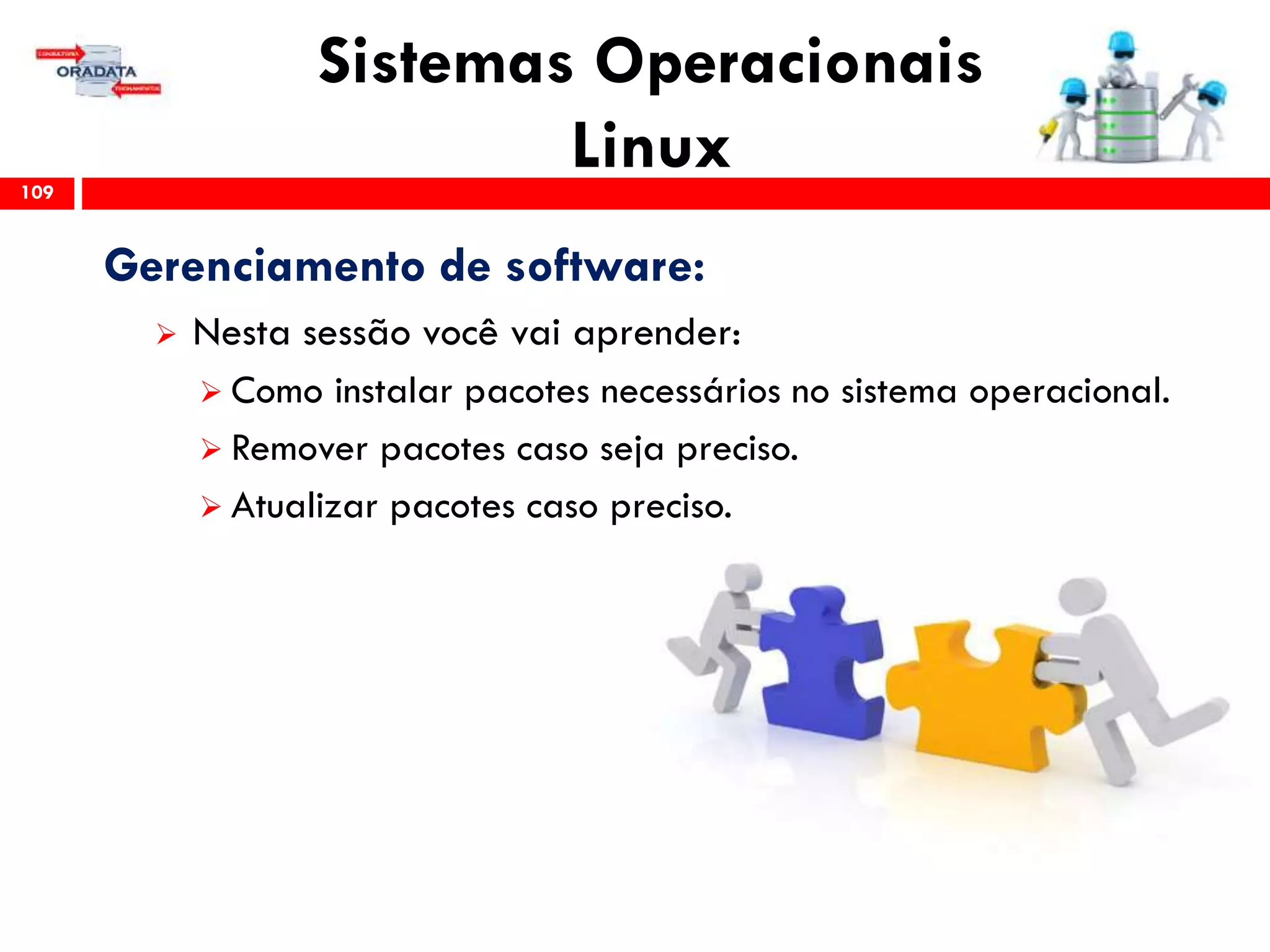 Sistemas Operacionais
Linux109
Gerenciamento de software:
 Nesta sessão você vai aprender:
 Como instalar pacotes necessários no sistema operacional.
 Remover pacotes caso seja preciso.
 Atualizar pacotes caso preciso.
 