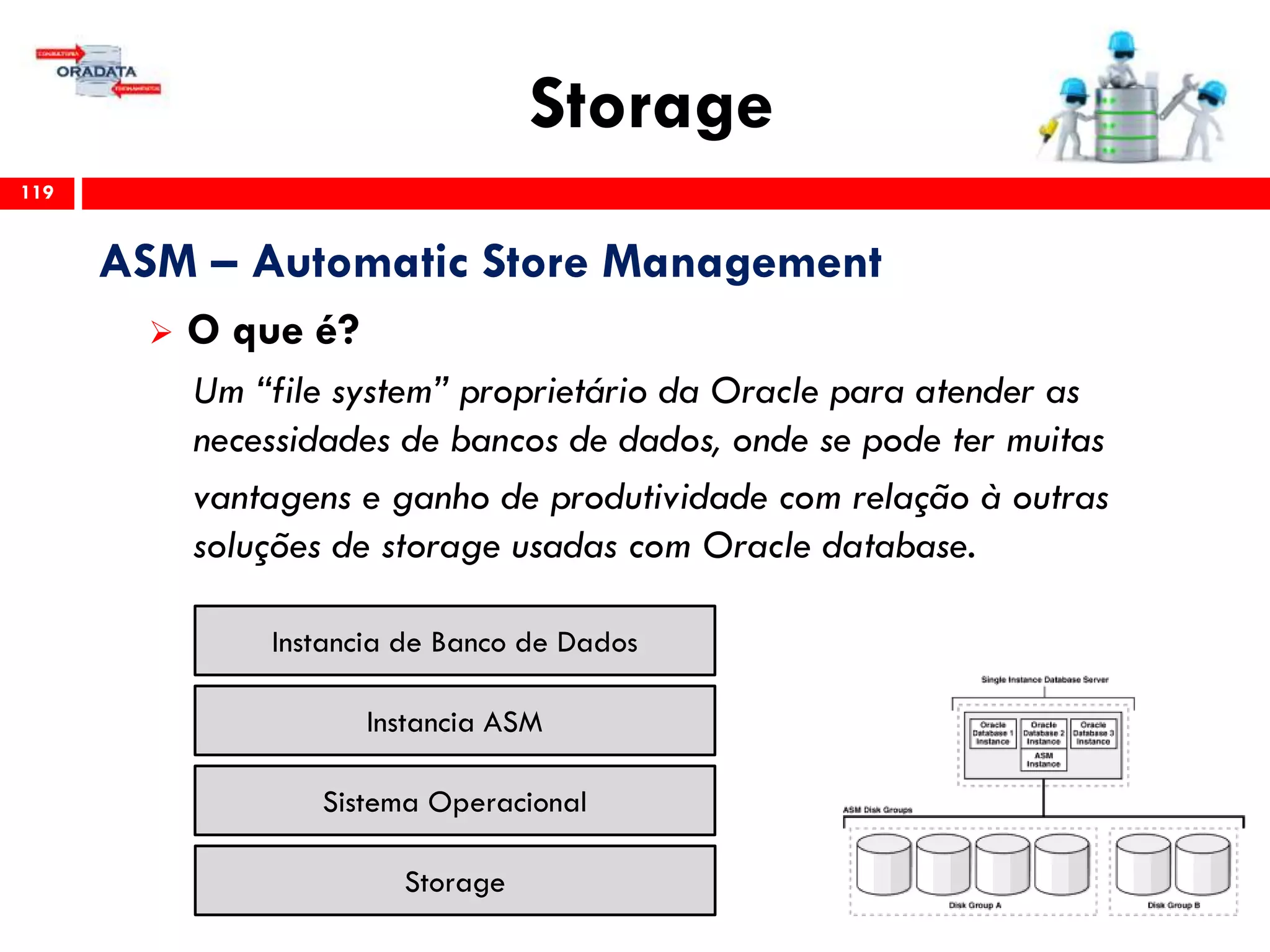 Storage
119
ASM – Automatic Store Management
 O que é?
Um “file system” proprietário da Oracle para atender as
necessidades de bancos de dados, onde se pode ter muitas
vantagens e ganho de produtividade com relação à outras
soluções de storage usadas com Oracle database.
Storage
Sistema Operacional
Instancia ASM
Instancia de Banco de Dados
 