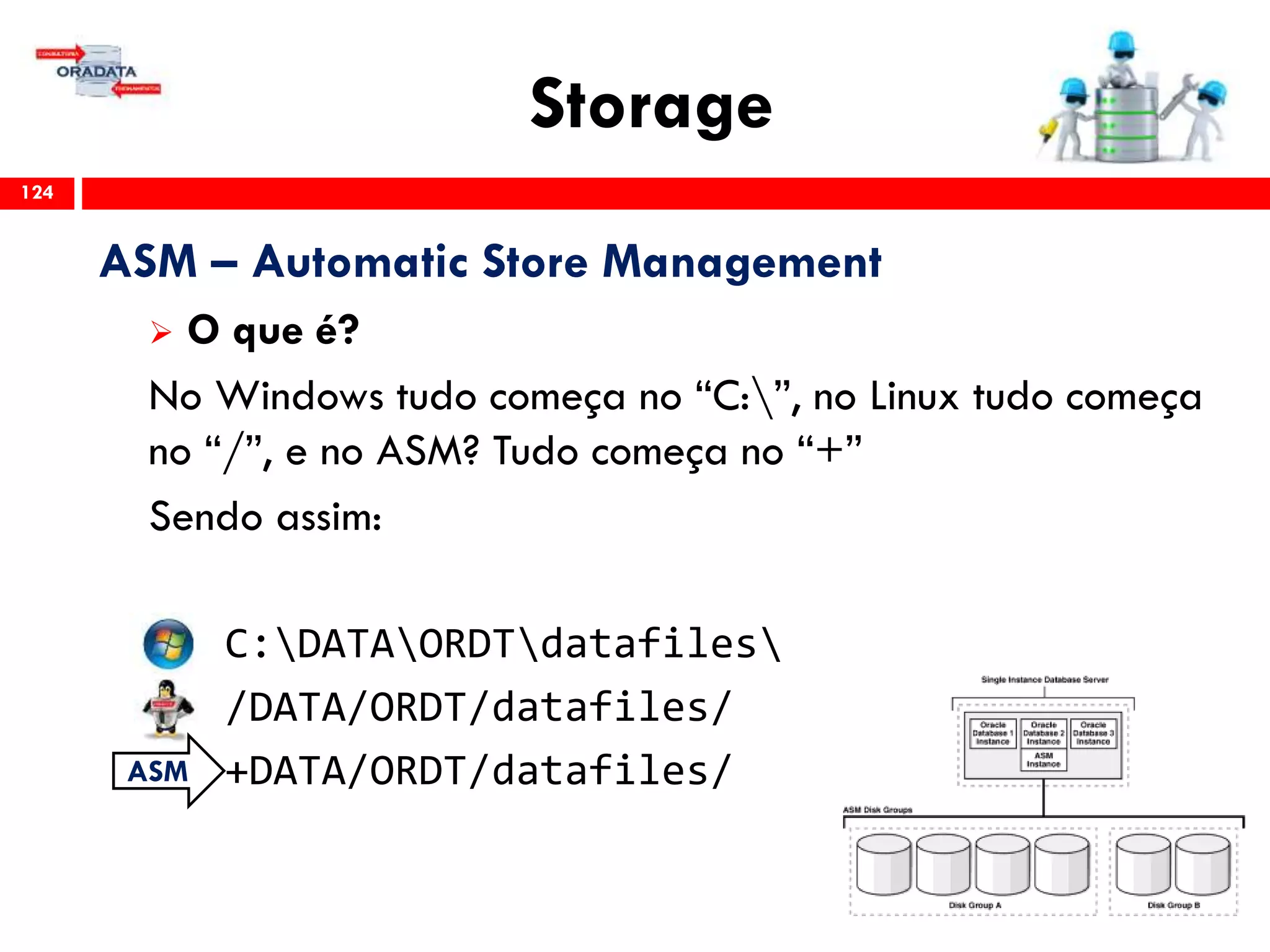 Storage
124
ASM – Automatic Store Management
 O que é?
No Windows tudo começa no “C:”, no Linux tudo começa
no “/”, e no ASM? Tudo começa no “+”
Sendo assim:
C:DATAORDTdatafiles
/DATA/ORDT/datafiles/
+DATA/ORDT/datafiles/ASM
 