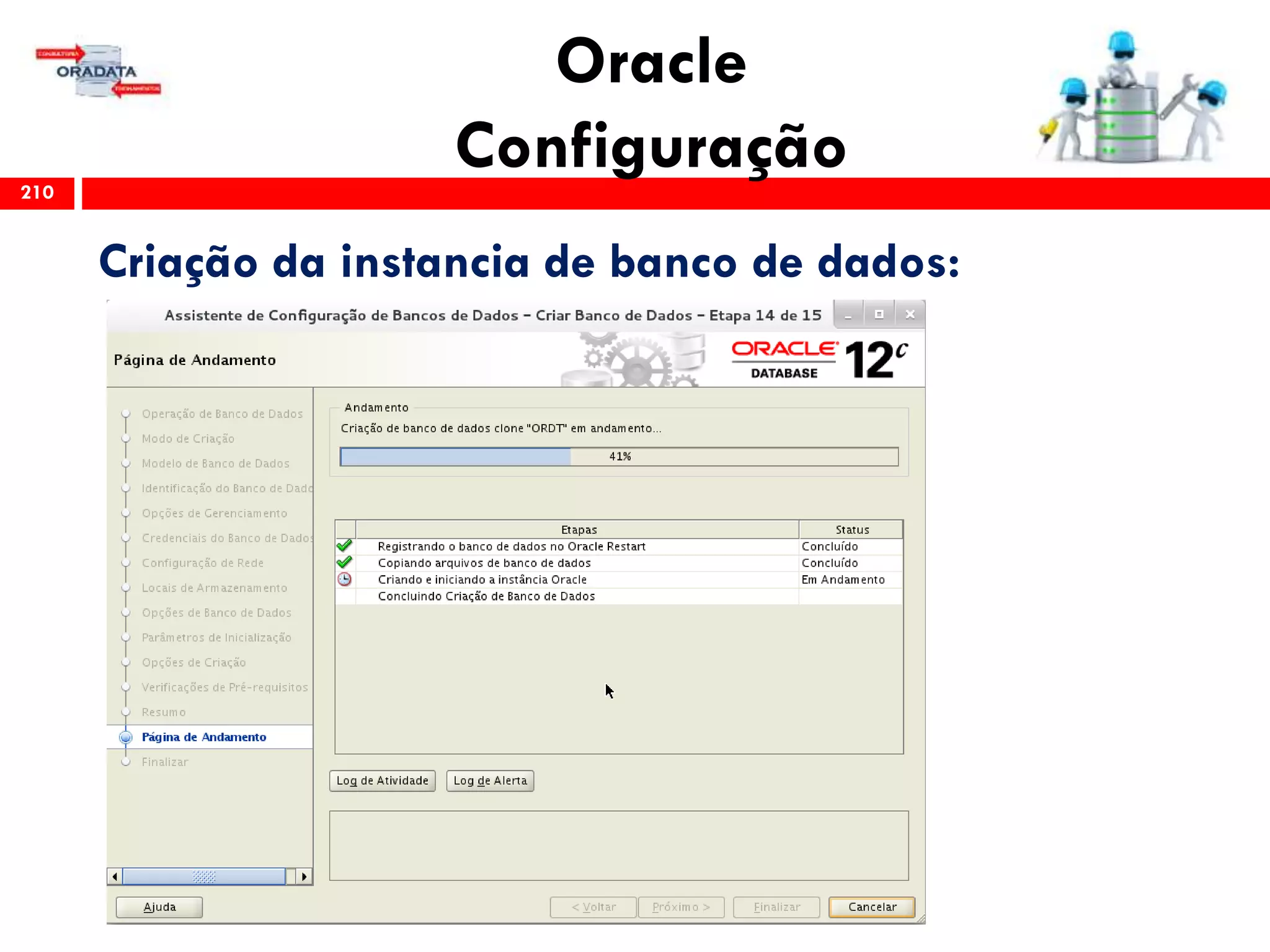Oracle
Configuração210
Criação da instancia de banco de dados:
 