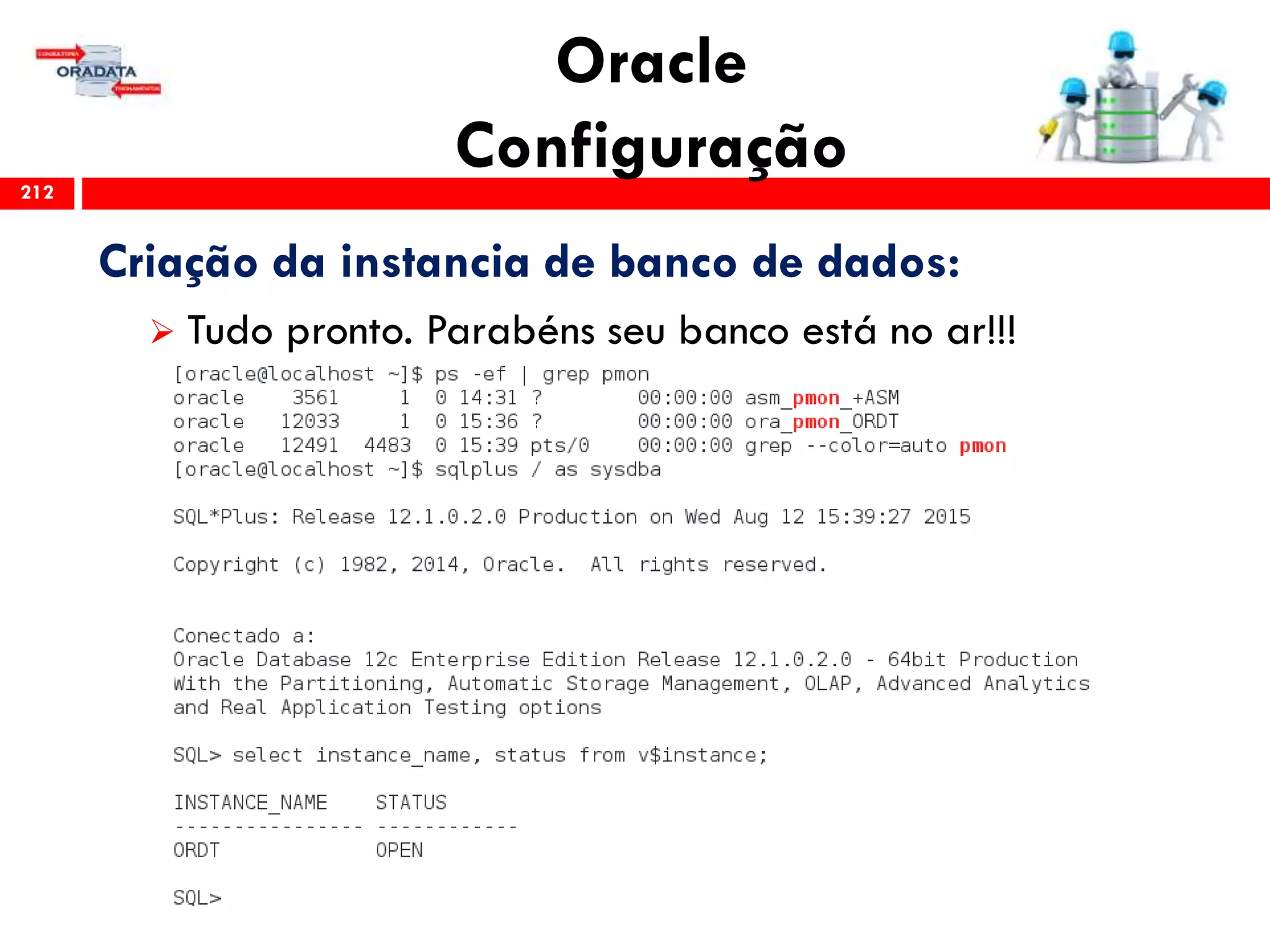 Oracle
Configuração212
Criação da instancia de banco de dados:
 Tudo pronto. Parabéns seu banco está no ar!!!
 