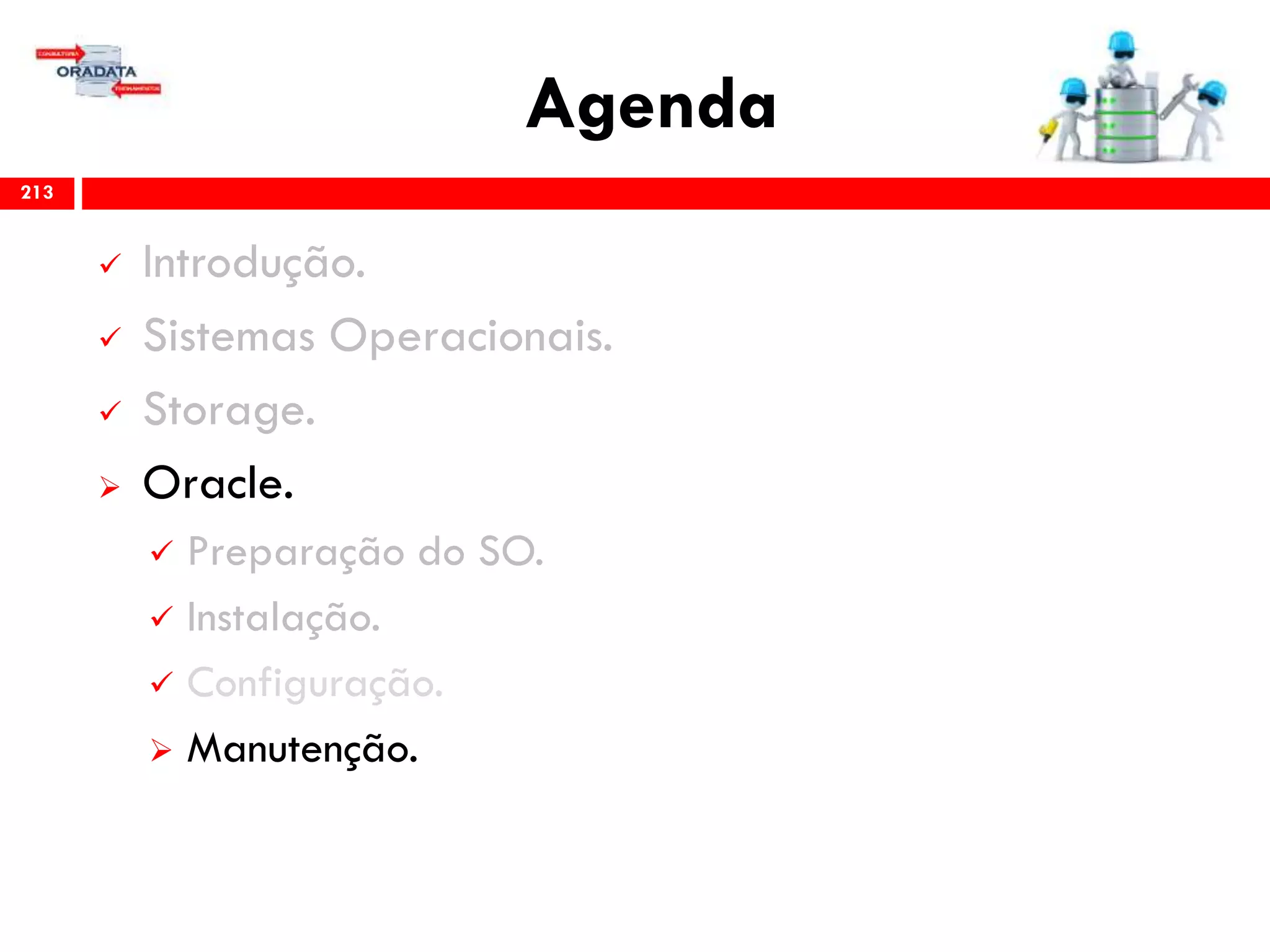 Agenda
213
 Introdução.
 Sistemas Operacionais.
 Storage.
 Oracle.
 Preparação do SO.
 Instalação.
 Configuração.
 Gerenciamento & Manutenção.
 