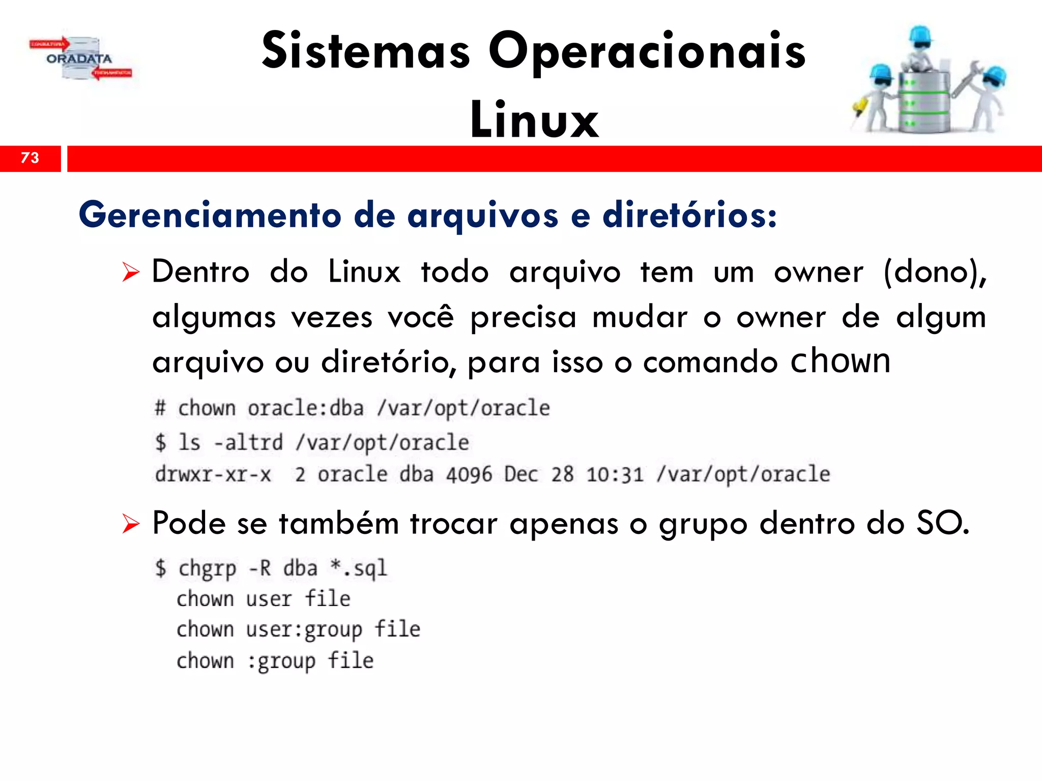 Sistemas Operacionais
Linux73
Gerenciamento de arquivos e diretórios:
 Dentro do Linux todo arquivo tem um owner (dono),
algumas vezes você precisa mudar o owner de algum
arquivo ou diretório, para isso o comando chown
 Pode se também trocar apenas o grupo dentro do SO.
 