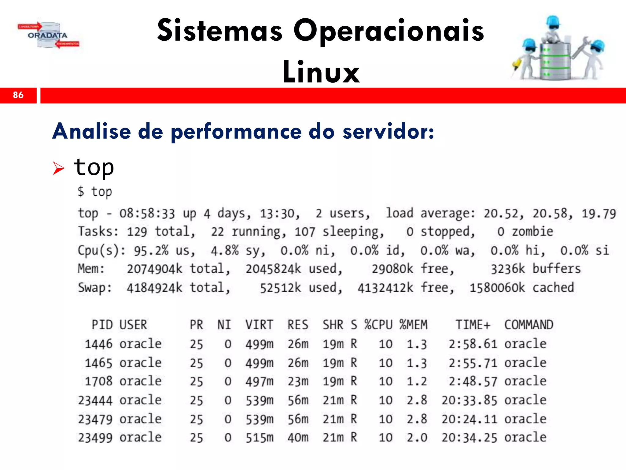 Sistemas Operacionais
Linux86
Analise de performance do servidor:
 top
 