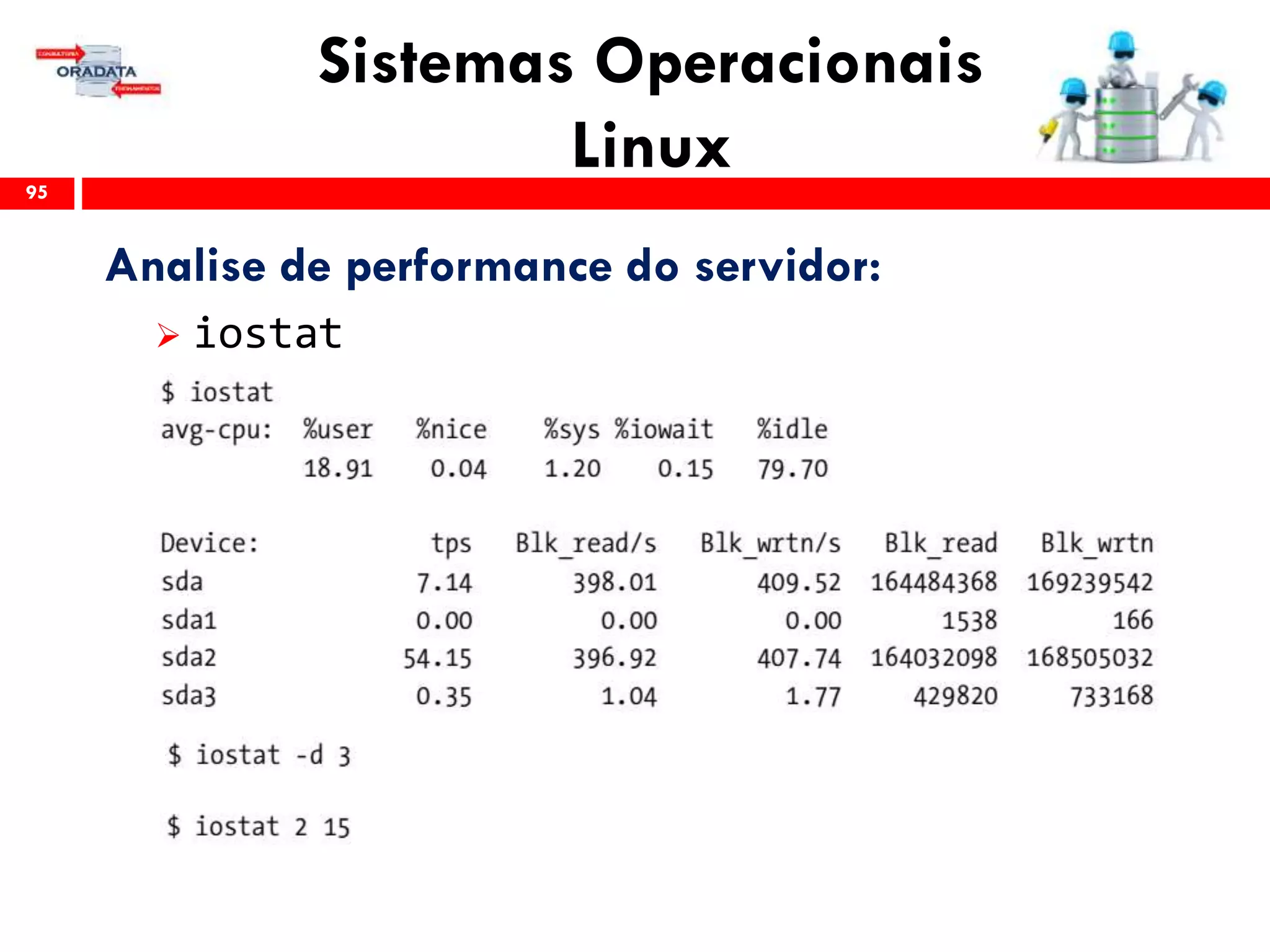 Sistemas Operacionais
Linux95
Analise de performance do servidor:
 iostat
 