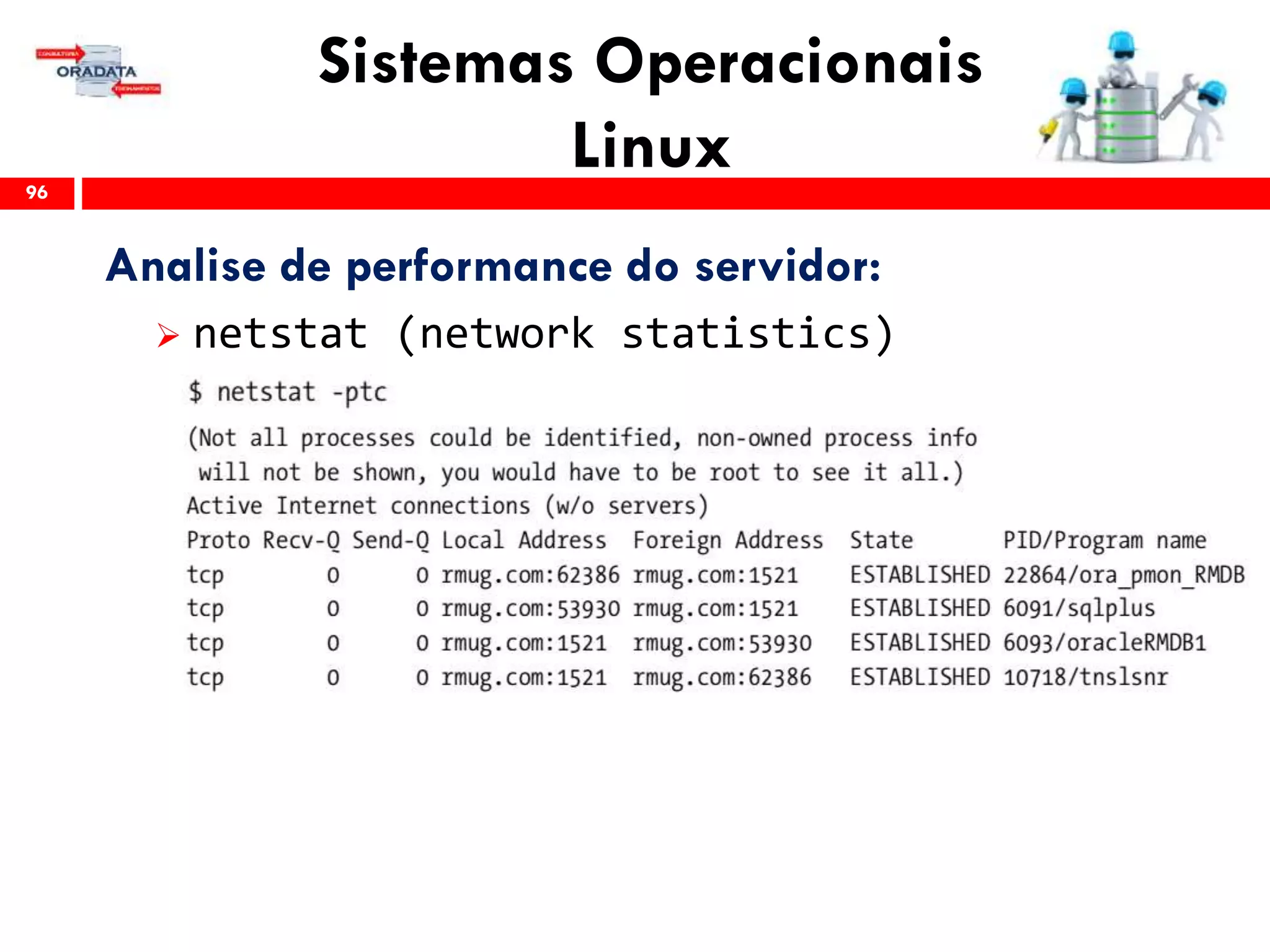 Sistemas Operacionais
Linux96
Analise de performance do servidor:
 netstat (network statistics)
 