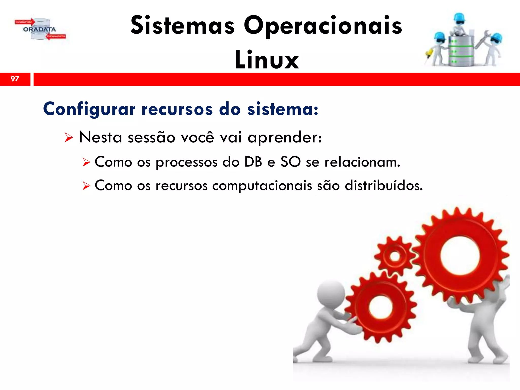 Sistemas Operacionais
Linux97
Configurar recursos do sistema:
 Nesta sessão você vai aprender:
 Como os processos do DB e SO se relacionam.
 Como os recursos computacionais são distribuídos.
 