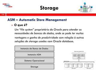 Storage
119
ASM – Automatic Store Management
 O que é?
Um “file system” proprietário da Oracle para atender as
necessidades de bancos de dados, onde se pode ter muitas
vantagens e ganho de produtividade com relação à outras
soluções de storage usadas com Oracle database.
Storage
Sistema Operacional
Instancia ASM
Instancia de Banco de Dados
 
