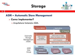 Storage
130
ASM – Automatic Store Management
 Como implementar?
 Arquitetura Instancia ASM.
 
