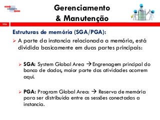 Gerenciamento
& Manutenção226
Estruturas de memória (SGA/PGA):
 A parte da instancia relacionada a memória, está
dividida basicamente em duas partes principais:
 SGA: System Global Area  Engrenagem principal do
banco de dados, maior parte das atividades ocorrem
aqui.
 PGA: Program Global Area:  Reserva de memória
para ser distribuída entre as sessões conectadas a
instancia.
 