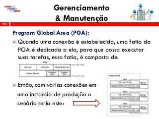 Gerenciamento
& Manutenção228
Program Global Area (PGA):
 Quando uma conexão é estabelecida, uma fatia da
PGA é dedicada a ela, para que possa executar
suas tarefas, essa fatia, é composta de:
 Então, com várias conexões em
uma instancia de produção o
cenário seria este:
 