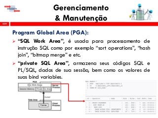 Gerenciamento
& Manutenção229
Program Global Area (PGA):
 “SQL Work Area”, é usada para processamento de
instrução SQL como por exemplo “sort operations”, “hash
join”, “bitmap merge” e etc.
 “private SQL Area”, armazena seus códigos SQL e
PL/SQL, dados de sua sessão, bem como os valores de
suas bind variables.
 