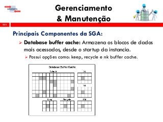 Gerenciamento
& Manutenção231
Principais Componentes da SGA:
 Database buffer cache: Armazena os blocos de dados
mais acessados, desde o startup da instancia.
 Possui opções como: keep, recycle e nk buffer cache.
 