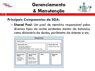 Gerenciamento
& Manutenção233
Principais Componentes da SGA:
 Shared Pool: Um pool de memória responsável pelos
diversos tipos de cache existentes dentro da instancia,
como dicionário de dados, parâmetro de sistema e etc.
 