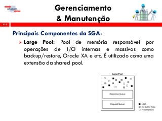 Gerenciamento
& Manutenção235
Principais Componentes da SGA:
 Large Pool: Pool de memória responsável por
operações de I/O internas e massivas como
backup/restore, Oracle XA e etc. É utilizado como uma
extensão da shared pool.
 