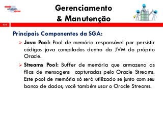 Gerenciamento
& Manutenção236
Principais Componentes da SGA:
 Java Pool: Pool de memória responsável por persistir
códigos java compilados dentro da JVM do próprio
Oracle.
 Streams Pool: Buffer de memória que armazena as
filas de mensagens capturadas pelo Oracle Streams.
Este pool de memória só será utilizado se junto com seu
banco de dados, você também usar o Oracle Streams.
 