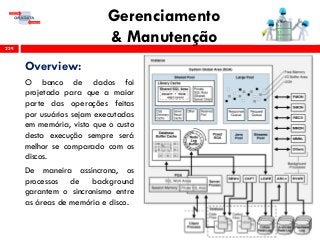 Gerenciamento
& Manutenção239
Overview:
O banco de dados foi
projetado para que a maior
parte das operações feitas
por usuários sejam executadas
em memória, visto que o custo
desta execução sempre será
melhor se comparado com os
discos.
De maneira assíncrona, os
processos de background
garantem o sincronismo entre
as áreas de memória e disco.
 