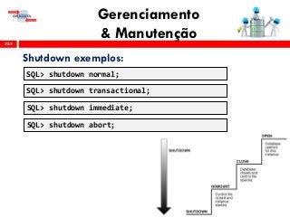 Gerenciamento
& Manutenção252
Shutdown exemplos:
SQL> shutdown normal;
SQL> shutdown transactional;
SQL> shutdown immediate;
SQL> shutdown abort;
 