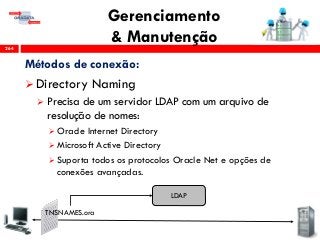Gerenciamento
& Manutenção264
Métodos de conexão:
 Directory Naming
 Precisa de um servidor LDAP com um arquivo de
resolução de nomes:
 Oracle Internet Directory
 Microsoft Active Directory
 Suporta todos os protocolos Oracle Net e opções de
conexões avançadas.
TNSNAMES.ora
LDAP
 