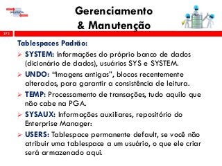 Gerenciamento
& Manutenção272
Tablespaces Padrão:
 SYSTEM: Informações do próprio banco de dados
(dicionário de dados), usuários SYS e SYSTEM.
 UNDO: “Imagens antigas”, blocos recentemente
alterados, para garantir a consistência de leitura.
 TEMP: Processamento de transações, tudo aquilo que
não cabe na PGA.
 SYSAUX: Informações auxiliares, repositório do
Enterprise Manager:
 USERS: Tablespace permanente default, se você não
atribuir uma tablespace a um usuário, o que ele criar
será armazenado aqui.
 