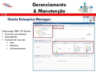 Gerenciamento
& Manutenção298
Oracle Enterprise Manager:
Home page OEM 12c Express
• Overview da instancia
• Desempenho
• Consumo de recursos:
• CPU
• Memória
• Armazenamento
 