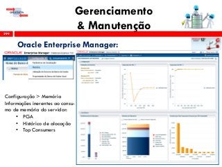 Gerenciamento
& Manutenção299
Oracle Enterprise Manager:
Configuração > Memória
Informações inerentes ao consu-
mo de memória do servidor:
• PGA
• Histórico de alocação
• Top Consumers
 