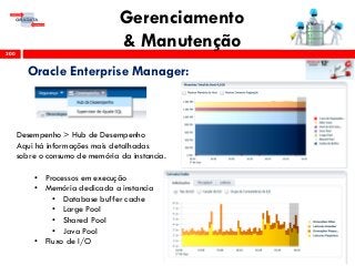 Gerenciamento
& Manutenção300
Oracle Enterprise Manager:
Desempenho > Hub de Desempenho
Aqui há informações mais detalhadas
sobre o consumo de memória da instancia.
• Processos em execução
• Memória dedicada a instancia
• Database buffer cache
• Large Pool
• Shared Pool
• Java Pool
• Fluxo de I/O
 