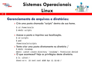 Sistemas Operacionais
Linux61
Gerenciamento de arquivos e diretórios:
 Crie uma pasta chamada “scripts” dentro de sua home.
 Acesse a pasta e imprima sua localização.
 Tente criar uma pasta diretamente no diretório /
 O que aconteceu? Veja os privilégios deste diretório.
 