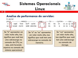 Sistemas Operacionais
Linux84
Analise de performance do servidor:
Se “wa” apresentar
um valor muito alto,
isso significa que você
tem uma sobrecarga
na camada de
storage.
Se “b” apresentar um
valor muito alto, isso
significa que você tem
uma sobrecarga na
camada de CPU, ou
seja, está havendo
esperas na camada de
sistema operacional
Se “si” ou “so” apresentar
um valor muito alto, isso
significa que você tem uma
sobrecarga na camada de
memória.
 
