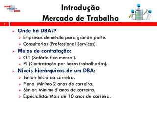 Introdução
Mercado de Trabalho9
 Onde há DBAs?
 Empresas de médio para grande porte.
 Consultorias (Professional Services).
 Meios de contratação:
 CLT (Salário fixo mensal).
 PJ (Contratação por horas trabalhadas).
 Níveis hierárquicos de um DBA:
 Júnior: Inicio da carreira.
 Pleno: Mínimo 2 anos de carreira.
 Sênior: Mínimo 5 anos de carreira.
 Especialista: Mais de 10 anos de carreira.
 