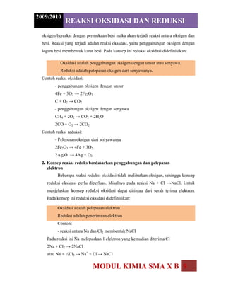  Atom unsur dengan keelektronegatifan lebih kecil (lebih elektropositif) mempunyai bilangan oksidasi positif. Berikut ini bebrapa aturan yang dapat membantu menentukan bilangan oksidasi suatu atom. Aturan 1:<br />Bilangan oksidasi atom dalam unsur bebas sama dengan 0 (nol)<br />Contoh: bilok atom pada unsur Fe, Na, Cu, H2, Cl2, Br2, I2, O2 = 0<br />Aturan 2:<br />Bilangan oksidasi ion monoatom sama dengan muatan ionnya.<br />Contoh <br />- bilok ion Fe2+ = +2<br />- bilok ion Na+ = +1<br />- bilok ion Cl- = -1<br />- bilok ion S2- = -2<br />Aturan 3:<br />Bilangan oksidasi logam golongan IA (Li, Na, K, Rb, Cs) dalam senyawa = +1<br />Bilangan oksidasi logam golongan IIA (Be, Mg, Ca, Sr, Ba, Ra) dalam senyawa =+2<br />Contoh <br />- bilok Na dalam NaOH = +1<br />- bilok K dalam KCl = +1<br />- bilok Mg dalam MgO = +2<br />- bilok Ca dalam CaCl2 = -2<br />Aturan 4:<br />Bilangan oksidasi H dalam senyawa umumnya = +1<br />Bilangan oksdasi H dalam senyawa hidrida logam = -1<br />Contoh <br />- bilok H dalam HCl, H2O, NH3 = +1<br />- bilok H dalam NaH, CaH2 = -1<br />Aturan 5:<br />Bilangan oksidasi oksigen (O) dalam senyawa umumnya =-2 (senyawa oksida)<br />Bilangan okidasi oksigen (O) dalam senyawa peroksida = -1<br />Bilangan oksidasi oksigen (O) dalam senyawa peroksida = - ½<br />Bilangan oksidasi oksigen (O) dalam senyawa biner fluorida = +2<br />Contoh <br />- bilok O dalam Na2O, CaO = -2<br />- bilok O dalam NaO, CaO2 = -1<br />- bilok O dalam NaO2, KO2 = - ½<br />- bilok O dalam OF2 = +2<br />Aturan 6:<br />Jumlah bilangan oksidasi dalam senyawa netral = 0<br />Jumlah bilangan oksidasi dalam ion poliatom = muatan ionnya<br />Contoh <br />- dalam senyawa H2SO4<br />2 x bilok H + bilok S + 4 x bilok O = 0<br />- dalam ion Cr2O72-<br />2 x bilok Cr + 7 x bilok O = -2<br />Dengan memahami aturan di atas kita dapat menentukan bilangan oksidasi suatu atom dalam senyawa atau ion.<br />Contoh<br />Tentukan bilangan oksidasi Cl dalam CaCl2Bilok Ca = +2 (aturan 3)<br />(bilok Ca) + (2 x bilok Cl) = 0<br />2 + (2 x bilok Cl) = 0<br />bilok Cl = -1<br />Tentukan bilangan oksidasi S dalam H2SO4Bilok H = +1 (aturan 4)<br />Bilok O = -2 (aturan 5)<br />(2 x bilok H) + (bilok S) + (4 x bilok O) = 0 (aturan 6)<br />(2 x 1) + (bilok S) + (4 x (-2)) = 0<br />2 + bilok S – 8 = 0<br />bilok S = +6<br />Tentukan bilok Cr dalam Cr2O7-2Bilok O = -2 (aturan 5)<br />(2 x bilok Cr) + (7 x bilok O) = -2 (aturan 6)<br />(2 x bilok Cr) + (7 x (-2)) = -2<br />2 x bilok Cr = 12<br />bilok Cr = +6<br />Perubahan bilangan oksidasi dalam reaksi oksidasi ReduksiSetelah memahami cara menentukan bilangan oksidasi suatu atom, kita dapat menentukan reaksi oksidasi reduksi berdasarkan perubahan bilangan oksidasi.<br />Oksidasi adalah pertambahan bilangan oksidasi<br />Reduksi adalah penurunan bilangan oksidasi.<br />Zat yang atom unsurnya mengalami oksidasi disebut reduktor, sedangkan zat yang atom unsurnya mengalami reduksi disebut oksidator. <br />Oksidator adalah zat yang mengalami reduksi<br />Reduktor adalah zat yang mengalami oksidasi<br /> Contoh<br /> Reaksi pengambilan biji besi dari oksidanya ditunjukkan oleh reaksi berikut<br />Fe2O3 + 3CO ->  2Fe + 3CO2<br />a. Tentukan zat manakah yang tereduksi dan teroksidasi<br />b. Tentukan oksidator dan reduktor<br />Jawab<br />a. Untuk menentukan zat yang tereduksi dan zat yang teroksidasi ikuti langkah berikut:<br />- tentukan bilok masing-masing atom<br />- tentukan atom yang mengalami kenaikan bilok.<br />- tentukan atom yang mengalami penurunan bilok.<br />Bilok naik<br />+3   -2               +2  -2            0            +4   -2<br />Fe2O3   +   3CO  ->  2Fe +  3CO2<br />Bilok turun<br />      Bilangan oksidasi Fe turun dari +3 menjadi 0, jadi Fe2O3 tereduksi menjadi Fe.<br />      Bilangan oksidasi C naik dari +2 menjadi +4, jadi CO teroksidasi menjadi CO2<br />b. Oksidator adalah CO, reduktor adalah Fe2O3<br />2. tentukan apakah reaksi berikut termasuk reaksi redoks atau bukan !<br />a. Mg (s) + 2HCl (aq) -> MgCl2<br />C.  Reaksi Autoredoks (Reaksi Disproporsionasi)<br />Mungkinkah dalam satu reaksi, suatu unsur mengalami reaksi reduksi dan oksidasi sekaligus? Satu unsur dalam suatu reaksi mungkin saja mengalami reaksi reduksi dan oksidasi sekaligus. Hal ini karena ada unsur yang mempunyai bilangan oksidasi lebih dari satu jenis. Reaksi redoks di mana satu unsur mengalami reaksi reduksi dan oksidasi sekaligus disebut reaksi autoredoks (reaksi disproporsionasi).<br />Contoh:<br />d. Tugas<br />1. Perkaratan besi merupakan reaksi redoks. Carilah persamaan reaksi perkaratan besi dan buktikan bahwa reaksi tersebut adalah reaksi redoks.<br />2. Bacalah buku-buku tentang cetak foto dan cetak sablon untuk menemukan reaksi redoks yang terjadi pada proses tersebut.<br />RANGKUMAN <br />Konsep redoks berkembang mulai dari konsep penggabungan dan pelepasan oksigen yang menyatakan bahwa oksidasi adalah reaksi pengikatan oksigen oleh suatu zat, sedangkan reduksi adalah pegurangan oksigen dari senyawa yang mengandung oksigen. Konsep redoks selanjutnya mengenai serah terima elektron, oksidasi mengalami pelepasan elektron sedangkan reduksi mengalami penerimaan elektron. Dan konsep redoks mengenai perubahan bilangan oksidasi, oksidasi mengalami pertambahan bilangan oksidasi sedangkan reduksi mengalami penurunan bilangan oksidasi. Reaksi redoks di mana satu unsur mengalami reaksi reduksi dan oksidasi sekaligus disebut reaksi autoredoks (reaksi disproporsionasi).<br />EVALUASI<br />Tes Tertulis<br />Jawablah dengan jelas dan benar!<br />1. Tentukan bilangan oksidasi Mn dalam:<br />a. MnO2  b. Mn2O3<br />c. KMnO4 d. Mn3O4<br />2. Berdasarkan reaksi berikut:<br />KMnO4 + KI + H2SO4 ? MnSO4 + I2 + K2SO4 + H2O<br />Tentukan atom yang mengalami perubahan bilangan oksidasi<br />3. Tentukan reduktor dan oksidator reaksi berikut:<br />a. Na + H2O -> NaOH + H2<br />b. SiCl4 + 2Mg -> Si + 2MgCl2<br />c. H2S + Cl2 ->2HCl + S<br />d. Mg + 2FeCl3 -> MgCl2 + 2FeCl2<br />KUNCI JAWABAN<br />1. Bilangan oksidasi Mn dalam:<br />a. MnO2 bilok Mn = +4<br />b. Mn2O3 bilok Mn = +3<br />c. KMnO4 bilok Mn = +7<br />d. Mn3O4 bilok Mn = +8/3<br />2. Berdasarkan reaksi berikut:<br />KMnO4 + KI + H2SO4 ? MnSO4 + I2 + K2SO4 + H2O<br />Bilok Mn berubah dari +7 menjadi +2<br />Bilok I berubah dari -1 menjadi 0<br />Bilok K, O, H, S tidak berubah<br />3. a. Na + H2O -> NaOH + H2<br />Oksidator H2O<br />Reduktor Na<br />b. SiCl4 + 2Mg -> Si + 2MgCl2<br />Oksidator SiCl4<br />Reduktor Mg<br />c. H2S + Cl2 -> 2HCl + S<br />Oksidator Cl2<br />Reduktor H2S<br />d. Mg + 2FeCl3 ->MgCl2 + 2FeCl2<br />Oksidator FeCl3<br />Reduktor Mg<br />PENUTUP<br />Setelah menyelesaikan modul ini, Anda berhak untuk mengikuti tes praktek untuk menguji kompetensi yang telah Anda pelajari. Apabila Anda dinyatakan memenuhi syarat kelulusan dari hasil evaluasi dalam modul ini, maka Anda berhak untuk melanjutkan ke topik/modul berikutnya. Mintalah pada guru untuk melakukan uji kompetensi dengan sistem penilaian yang dilakukan langsung oleh pihak industri atau asosiasi yang berkompeten apabila Anda telah menyelesaikan seluruh evaluasi dari setiap modul, maka hasil yang berupa nilai dari guru atau berupa portofolio dapat dijadikan bahan verifikasi oleh pihak industri atau asosiasi profesi. Kemudian selanjutnya hasil tersebut dapat dijadikan sebagai penentu standar pemenuhan kompetensi dan bila memenuhi syarat Anda berhak mendapatkan sertifikat kompetensi yang dikeluarkan oleh dunia industri atau asosiasi profesi.<br />DAFTAR PUSTAKA<br />Smoot,R. C. , Smith, R. G. and Price Jack. , Merril Chemistry, Glencoe McGraw-Hill, New York. . . . .<br />Philips,John S. , Strozak. Victor S. , Wistrom Cheryl. , 2000. Chemistry Consepts and Aplications, Glencoe McGraw-Hill, New York,.<br />Gebelein, Charles G. , 1997. Chemistry and our world Wm. C. Brown Publisher. , 7.<br />