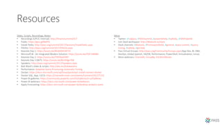 Resources
Slides, Scripts, Recordings, Notes:
• Recordings (UPCIC Internal): http://hiram/summit2017
• Public: https://goo.gl/BqfYSi
• Sneak Peeks: http://pass.org/summit/2017/Sessions/SneakPeeks.aspx
• PASStv: http://pass.org/summit/2017/PASStv.aspx
• Keynote Day 1: https://youtu.be/NGbk9XGWTHI
• Microsoft BI - An Integrated Modern Solution: https://youtu.be/T0If-SNl08A
• Keynote Day 2: https://youtu.be/7SRi9vyDtWY
• Keynote Day 3 (WIT): https://youtu.be/8JnXi0gnTb8
• Speakers: http://pass.org/summit/2017/Speakers.aspx
• Bob Ward’s slides & scripts: http://aka.ms/bobwardms
• Performance: Adaptive Query Processing, Automatic Tuning.
• Docker: https://docs.microsoft.com/sql/linux/quickstart-install-connect-docker
• Docker SQL, App, CI/CD: https://channel9.msdn.com/events/Connect/2017/T152
• Power BI galleries: https://community.powerbi.com/t5/Galleries/ct-p/Galleries
• Power BI webinars: https://docs.microsoft.com/power-bi/webinars
• Apply Forecasting: https://docs.microsoft.com/power-bi/desktop-analytics-pane
More:
• Twitter: @sqlpass, #PASSSummit, #powerbihelp, #sqlhelp, @MSPowerBI
• Join Slack workspace: http://dbatools.io/slack
• Slack channels: #dbatools, #firstresponderkit, #general, #pass-summit, #query-
tuning, #sqlhelp, #git-help
• Pass Virtual Groups: http://pass.org/Community/Groups.aspx (App Dev, BI, DBA,
DevOps, Global Spanish, HA/DR, Performance, PowerShell, Virtualization, Linux)
• More webinars: Channel9, GroupBy, SQLWorkBooks
 