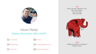 BIO
Father, SQL Server DBA/Dev, IT Pro,
GRT, USCG Auxiliary.
*Dev since 1995.
*SQL since 1999.
FUN
Wakeboard, Wakesurf, Snowboard,
GORUCK, Family.
/HiramFleitas
hiramfleitas@hotmail.com
dba2o.wordpress.comHiramFleitas
@HiramFleitas
Hiram Fleitas
Database Administrator (DBA), @UPCIC
/hfleitas
 