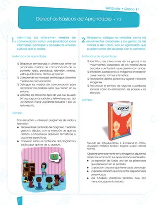 Derechos Básicos de Aprendizaje • V.2
8
1.
Identifica los diferentes medios de
comunicación como una posibilidad para
informarse, participar y acceder al universo
cultural que lo rodea.
Evidencias de aprendizaje
m	Establece semejanzas y diferencias entre los
principales medios de comunicación de su
contexto: radio, periódicos, televisión, revistas,
vallas publicitarias, afiches e internet.
m	Comprende los mensajes emitidos por diferentes
medios de comunicación.
m	Distingue los medios de comunicación para
reconocer los posibles usos que tienen en su
entorno.
m	Describe los diferentes tipos de voz que se usan
en los programas radiales y televisivos para dar
una noticia, narrar un partido de fútbol o leer un
texto escrito.
Ejemplo
Tras escuchar u observar programas de radio y
televisión:
u	 Representa el contenido del programa mediante
gestos o dibujos, con la intención de que los
demás compañeros adivinen temáticas o
acciones específicas.
u	 Conversa sobre el contenido del programa y
explica por qué es de su agrado.
2.
Relaciona códigos no verbales, como los
movimientos corporales y los gestos de las
manos o del rostro, con el significado que
pueden tomar de acuerdo con el contexto.
Evidencias de aprendizaje
m	Identifica las intenciones de los gestos y los
movimientos corporales de los interlocutores
para dar cuenta de lo que quieren comunicar.
m	Interpreta ilustraciones e imágenes en relación
a sus colores, formas y tamaños.
m	Representa objetos, personas y lugares mediante
imágenes.
m	Reconoce el sentido de algunas cualidades
sonoras como la entonación, las pausas y los
silencios.
Ejemplo
Tomado de: Schreiber-Wicke, E. & Holland, C. (2005).
¡Cuidado! ¡Palabra terrible!. Bogotá: Grupo Editorial
Norma.
Observa detenidamente en la imagen los siguientes
aspectos y comenta sus apreciaciones sobre ellos:
u	 La expresión de cada uno de los personajes
que aparecen en la portada.
u	 La posición corporal que tiene cada personaje.
u	 La posible relación que hay entre los personajes
presentados.
u	 Las posibles palabras terribles que son
mencionadas en la historia.
Lenguaje • Grado 1º
Lenguaje DBA_Final.indd 8 12/10/16 3:32 p.m.
 