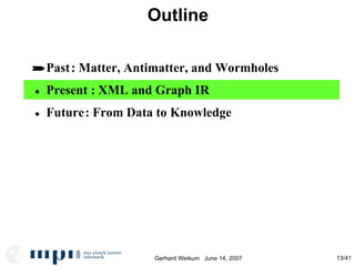 Outline  Past • Future • Present : Matter, Antimatter, and Wormholes  : From Data to Knowledge : XML and Graph IR 
