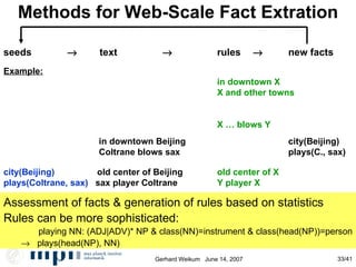 Methods for Web-Scale Fact Extration city(Beijing)   plays(Coltrane, sax)   city(Beijing)   old center of Beijing plays(Coltrane, sax)   sax player Coltrane city(Beijing)   old center of Beijing old center of X plays(Coltrane, sax)   sax player Coltrane Y player X Example: city (Seattle)  in downtown Seattle  city (Seattle)  Seattle and other towns  city (Las Vegas)   Las Vegas and other towns plays (Zappa, guitar)  playing guitar: … Zappa plays (Davis, trumpet)  Davis … blows trumpet seeds     text       rules     new facts  Example: city (Seattle)  in downtown Seattle  in downtown X city (Seattle)  Seattle and other towns  X and other towns city (Las Vegas)   Las Vegas and other towns X and other towns plays (Zappa, guitar)  playing guitar: … Zappa playing Y: … X plays (Davis, trumpet)  Davis … blows trumpet X … blows Y Example: city (Seattle)  in downtown Seattle  in downtown X city (Seattle)  Seattle and other towns  X and other towns city (Las Vegas)   Las Vegas and other towns  X and other towns plays (Zappa, guitar)  playing guitar: … Zappa playing Y: … X plays (Davis, trumpet)  Davis … blows trumpet X … blows Y Example: city (Seattle)  in downtown Seattle   in downtown X city (Seattle)  Seattle and other towns   X and other towns city (Las Vegas)    Las Vegas and other towns X and other towns plays (Zappa, guitar)  playing guitar: … Zappa playing Y: … X plays (Davis, trumpet)  Davis … blows trumpet X … blows Y   in downtown Beijing city(Beijing)‏   Coltrane blows sax plays(C., sax)‏ Assessment of facts & generation of rules based on statistics Rules can be more sophisticated:  playing NN: (ADJ|ADV)* NP & class(NN)=instrument & class(head(NP))=person     plays(head(NP), NN)‏ 