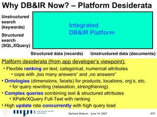 Why DB&IR Now? – Platform Desiderata Structured data (records)‏ Unstructured data (documents)‏ Unstructured search (keywords)‏ Structured search (SQL,XQuery)‏ DB Systems IR Systems Search Engines Keyword Search on Relational Graphs (IIT Bombay, UCSD, MSR, Hebrew U, CU Hong Kong, Duke U, ...)‏ Querying entities & relations from IE (MSR Beijing, UW Seattle, IBM Almaden, UIUC, MPI, … )‏ Platform desiderata (from app developer‘s viewpoint): Flexible  ranking  on text, categorical, numerical attributes cope with „too many answers“ and „no answers“ High  update  rate  concurrently  with high query load Ontologies  (dimensions, facets) for products, locations, org‘s, etc. for query rewriting (relaxation, strengthening)‏ Complex queries  combining text & structured attributes XPath/XQuery Full-Text with ranking Integrated DB&IR Platform 